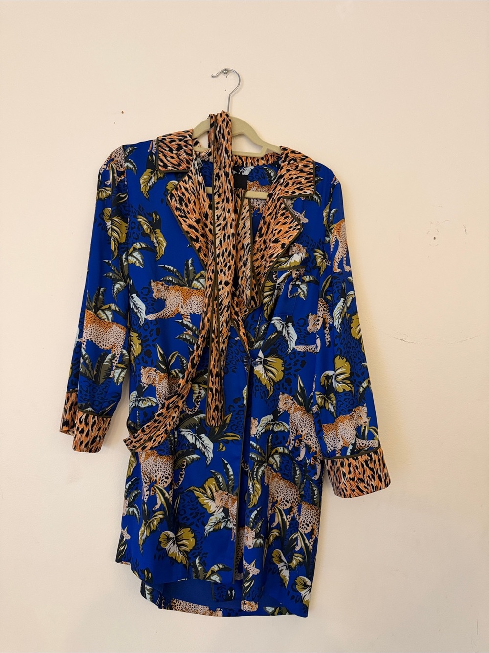 Blue Tropical Leopard Print Mini Dress with Neck Tie